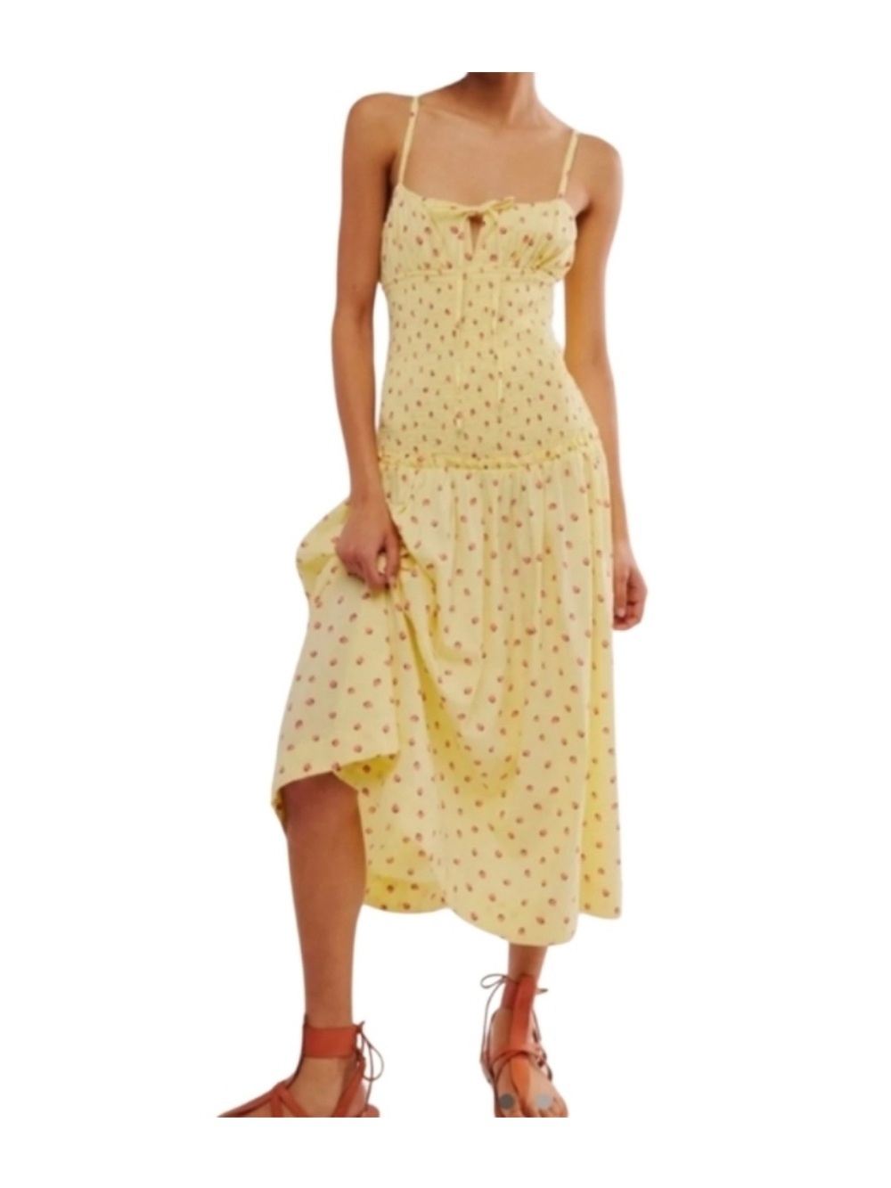 Free People Yellow Smocked Dress with Pink Strawberry Print